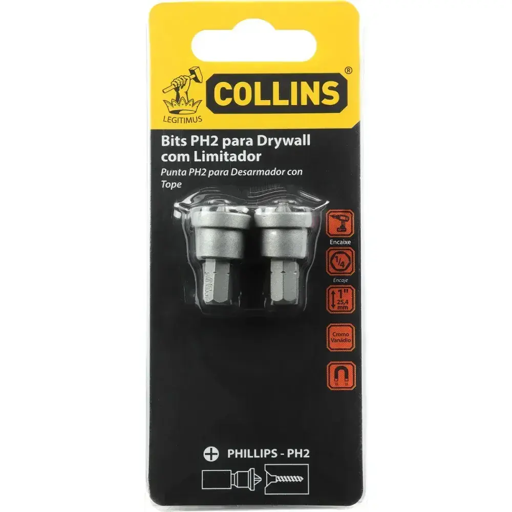 Bits PH2 para drywall com limitador 1” 25,40MM 2 pçs Collins — fotografia 5