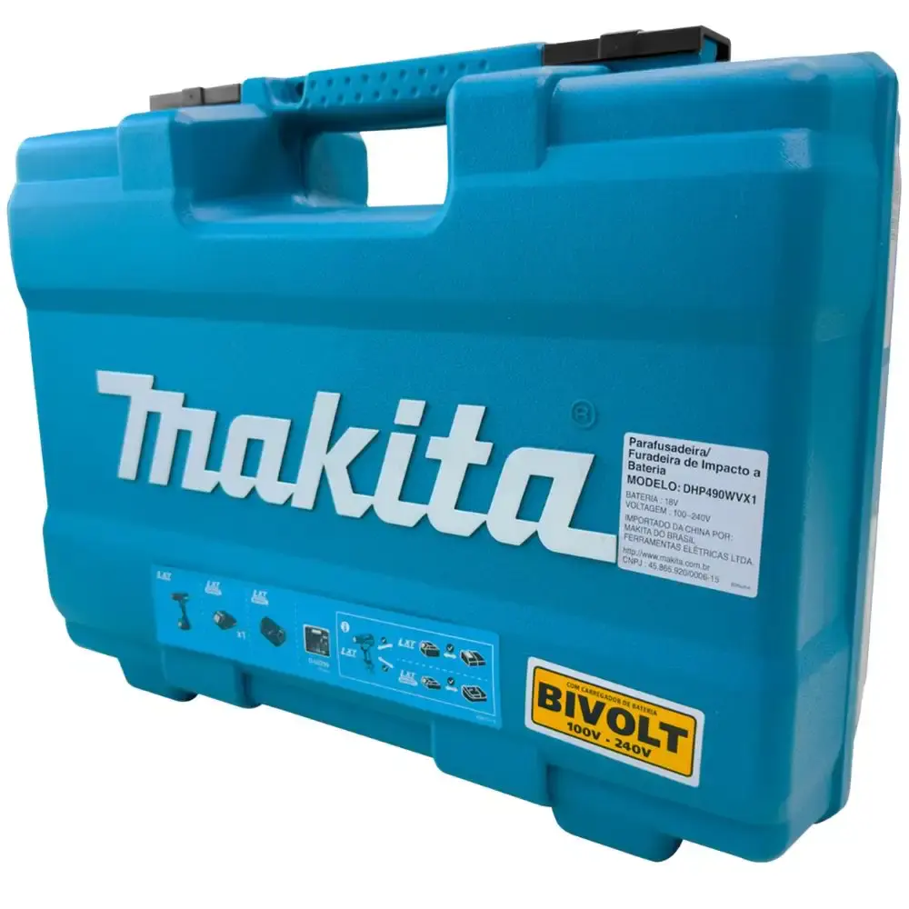 Parafusadeira furadeira impacto bateria 18V com carregador e maleta 74PÇS DHP490WVX1 Makita — fotografia 4