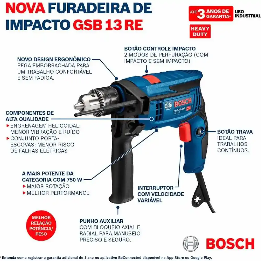Furadeira de impacto 750W GSB 13 RE com estojo de brocas e pontas x-line 33 peças Bosch 220 V — fotografia 7