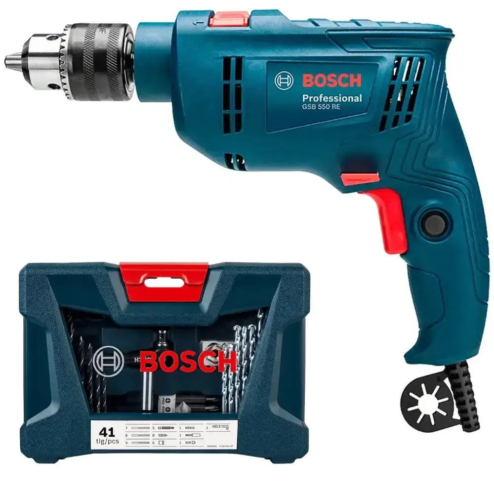 Furadeira impacto 1/2 POL 550W GSB 550 RE e kit brocas e pontas bits 41 peças Bosch 110 V — fotografia 2