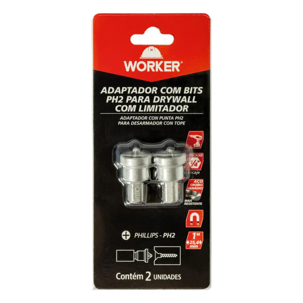 Bits PH2 para drywall com limitador 1” 25,40MM 2 pçs Worker — fotografia de referência