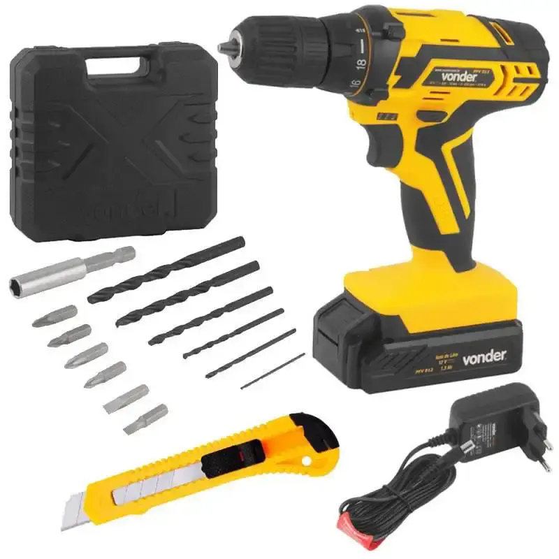 Parafusadeira e furadeira à bateria 12V PFV012 bivolt com maleta, kit brocas e bits Vonder — fotografia de referência
