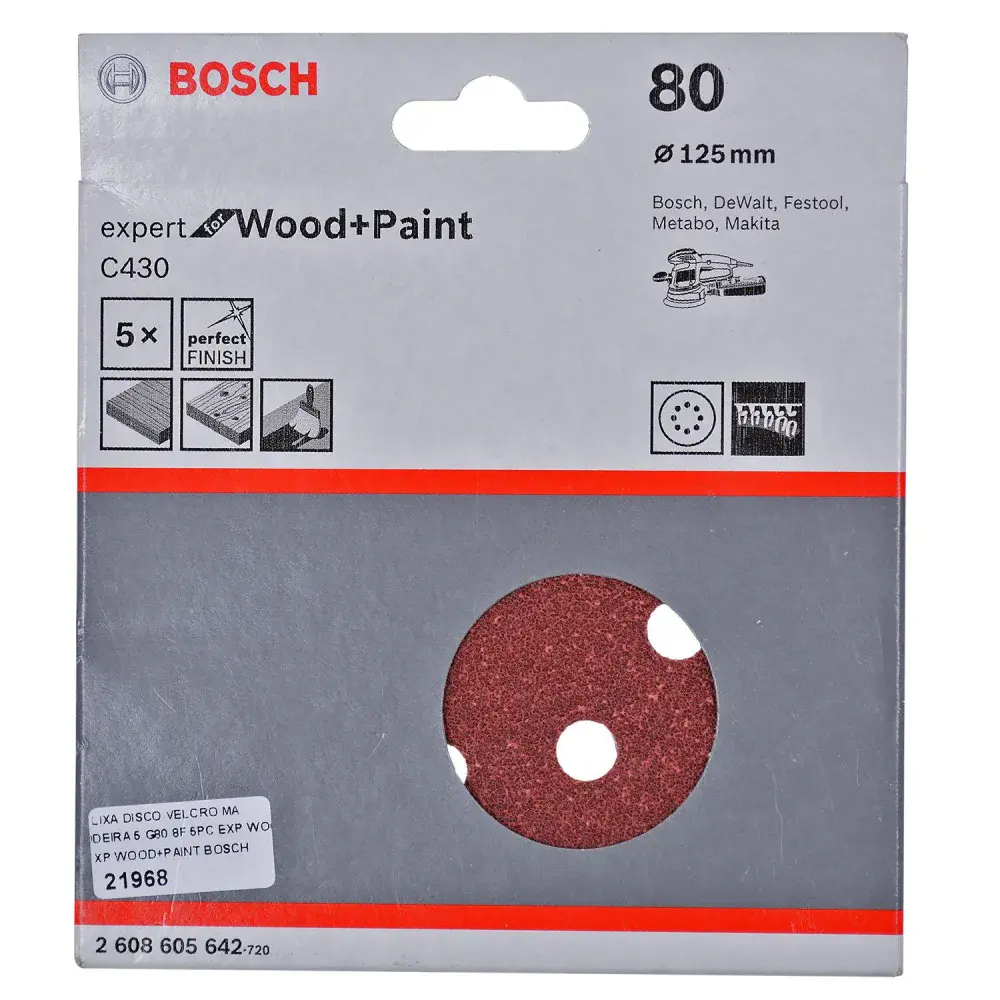 Kit 5 folhas de lixa velcro 5 G80 expert wood paint Bosch — fotografia 2