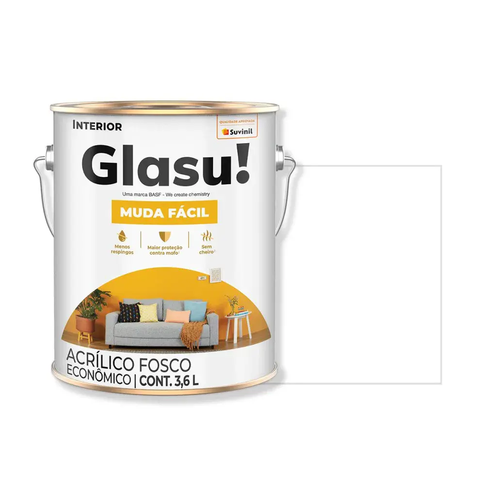 Tinta acrílica muda fácil fosco branco 3,6L glasu Suvinil Glasu!