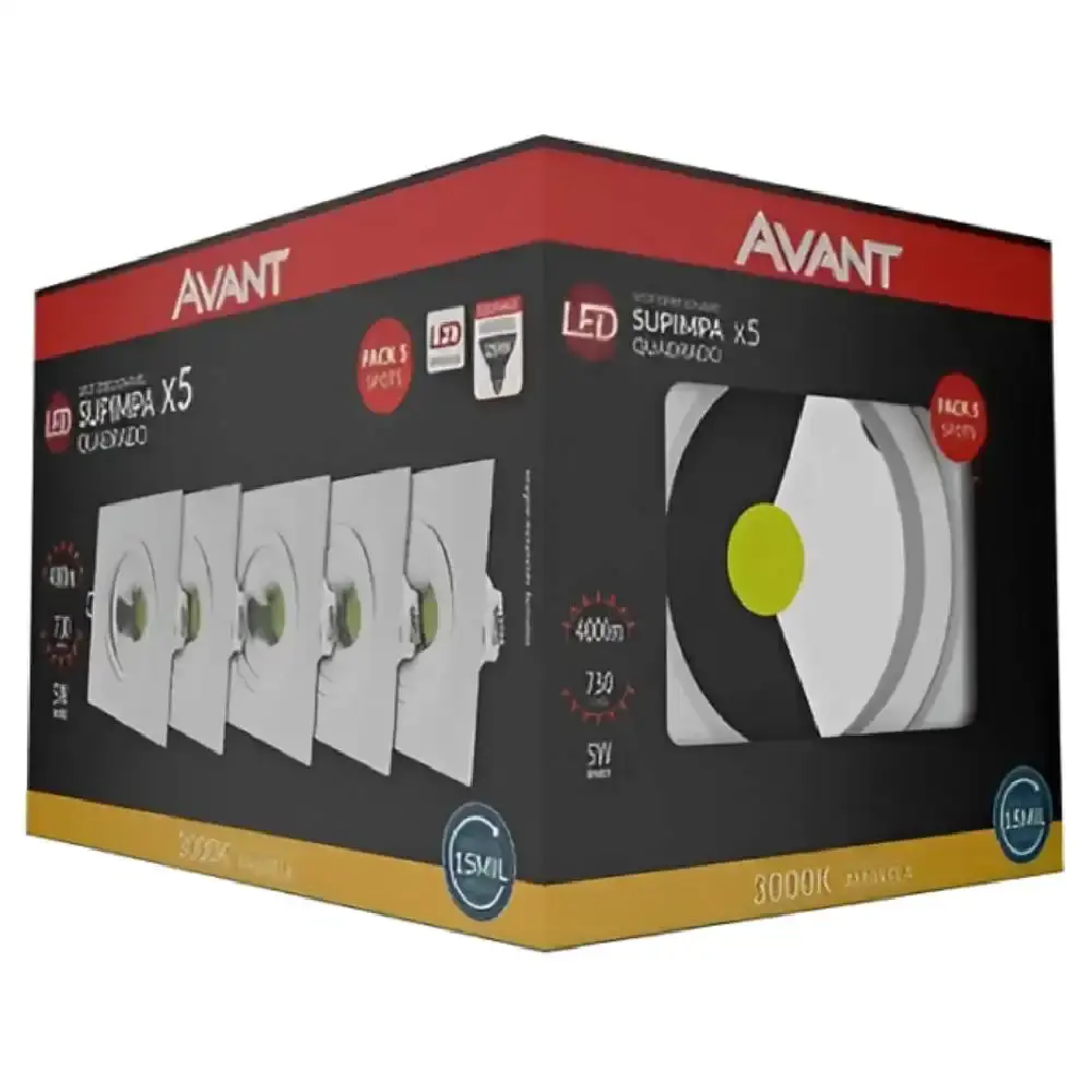 Kit 5 spots lâmpadas led quadrada 5W 3000K embutir Avant — fotografia 2