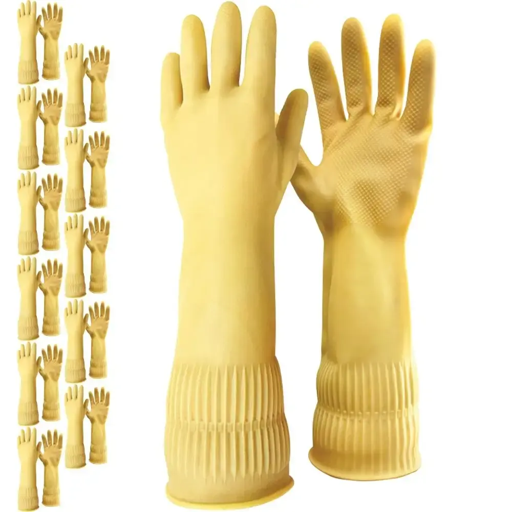 Luva látex emborrachada longa amarela com 12 pares Carbografite — fotografia de referência