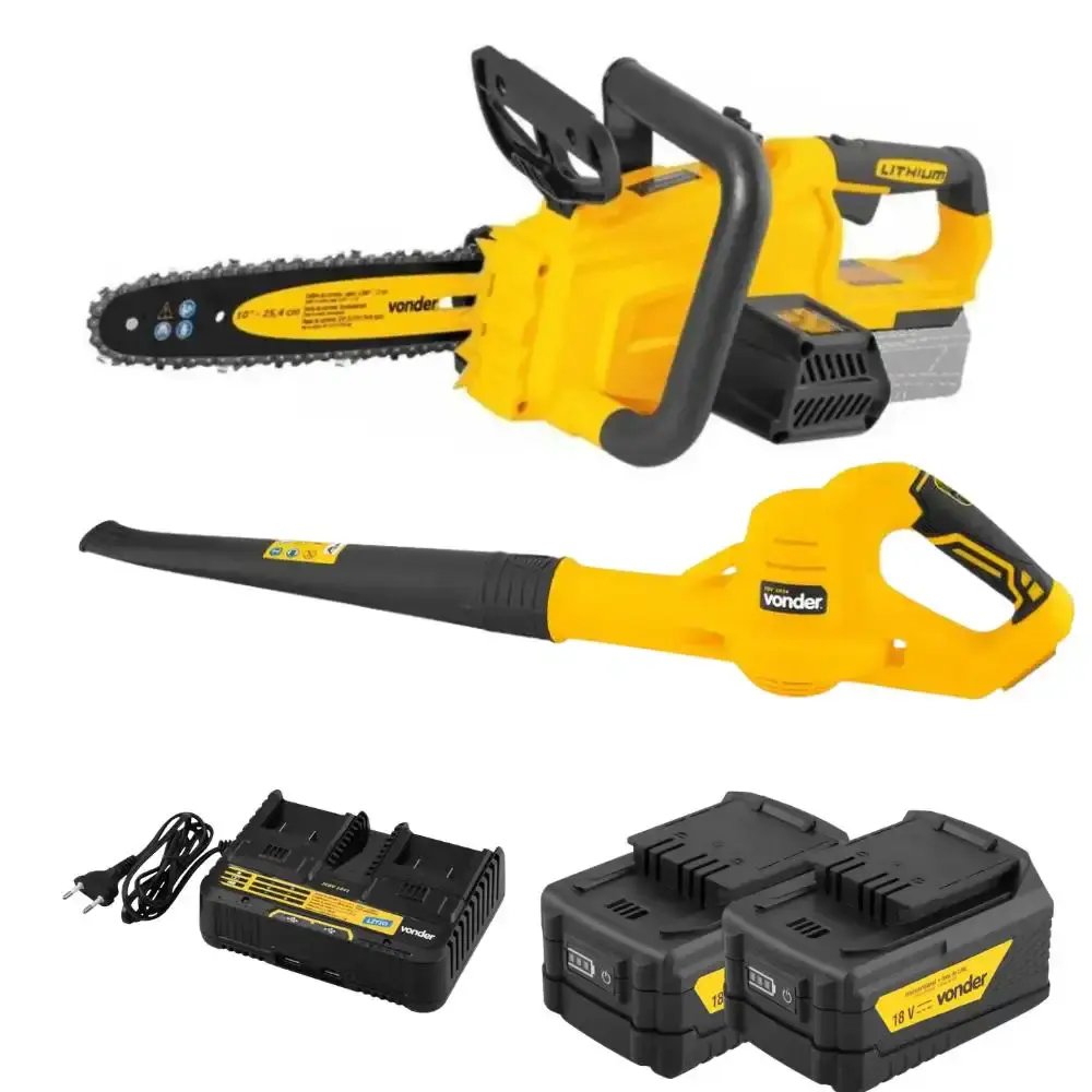 Kit motosserra e soprador de folhas 18V com 2 baterias 5AH e carregador duplo bivolt Vonder