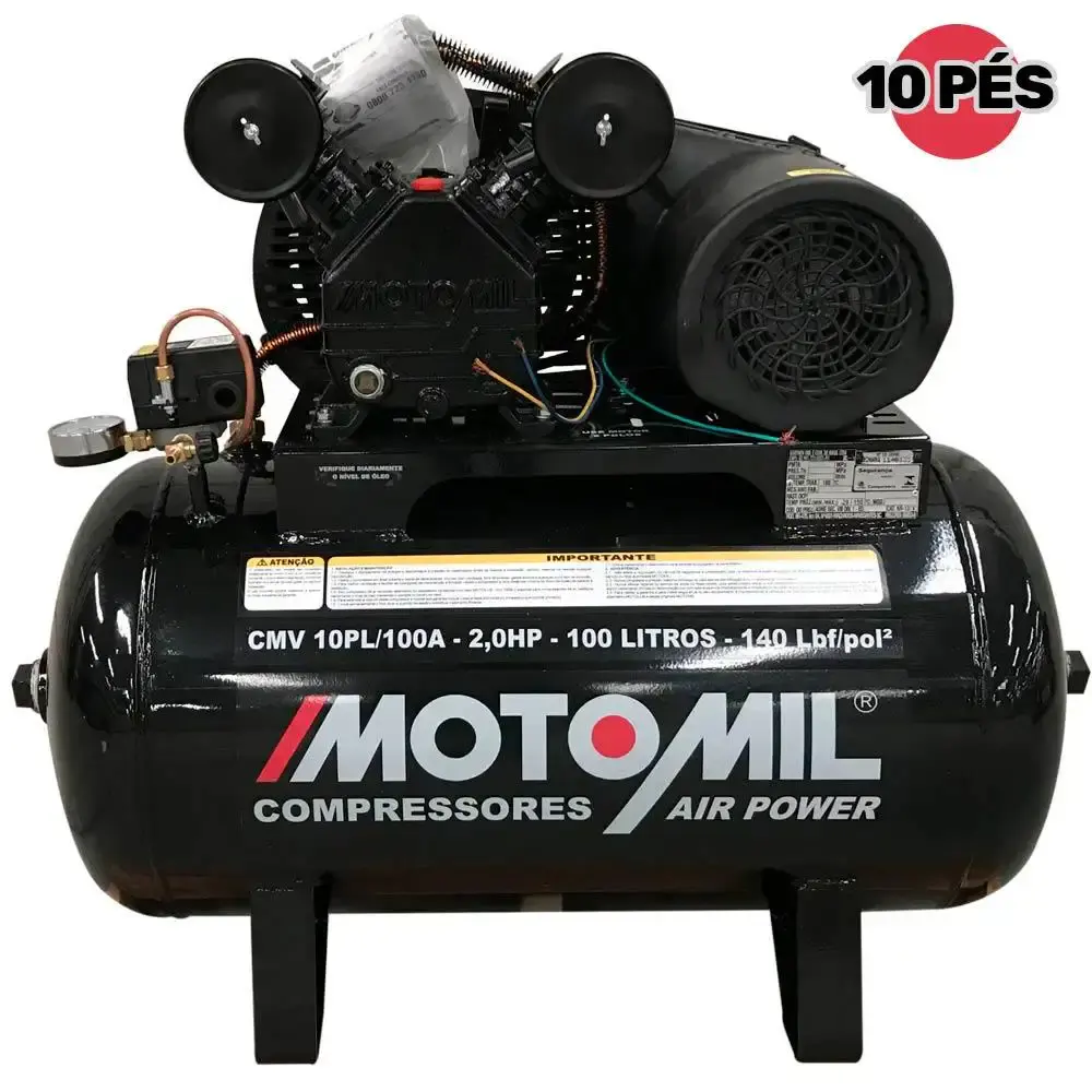 Compressor de ar 10 pés 2,0 HP 100 litros 2 pistões CMV-10PL 100A profissional MotoMil