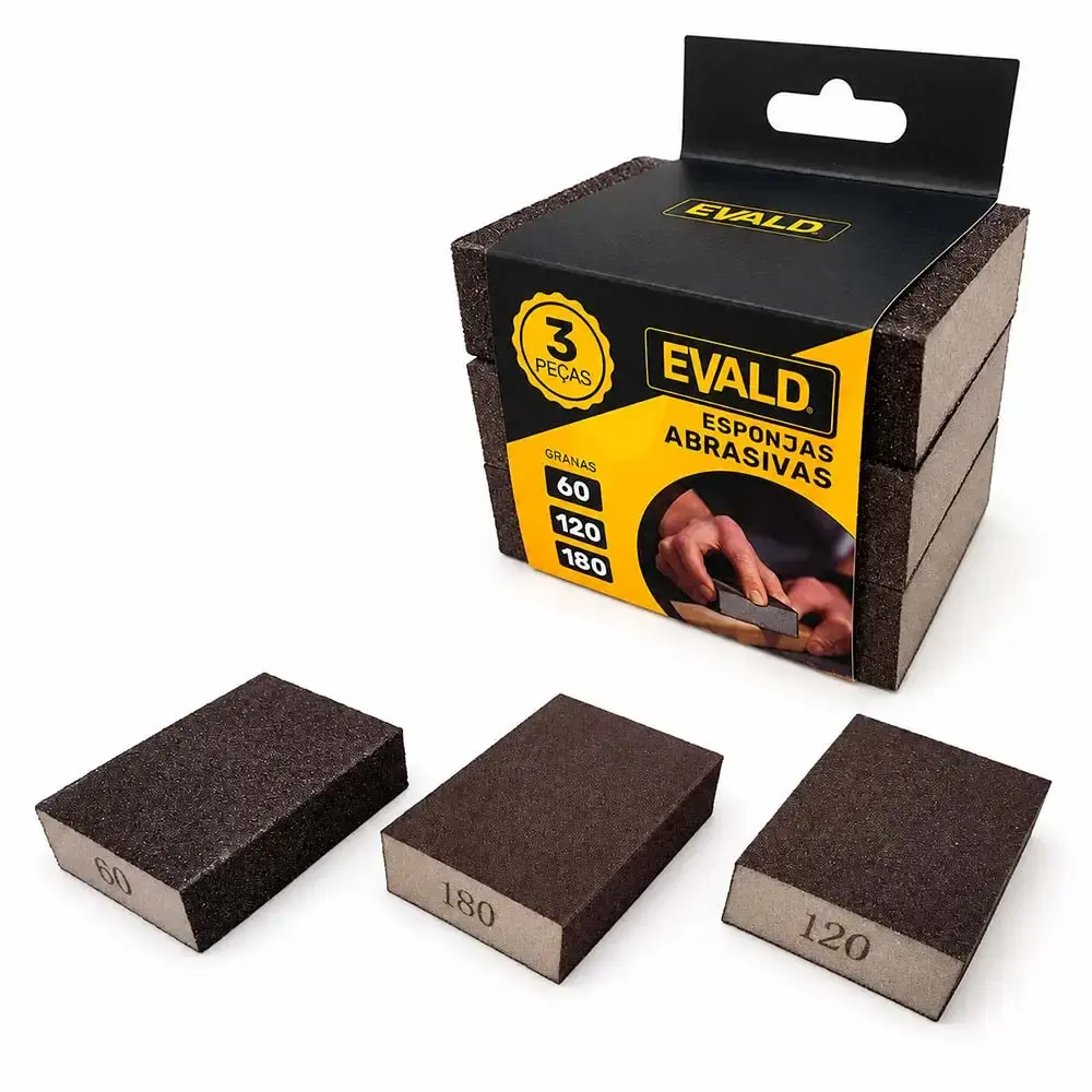 Kit esponja abrasiva rígida com 3 unidades 95X65X23 MM grãos 60 120 e 180 Evald — fotografia 4