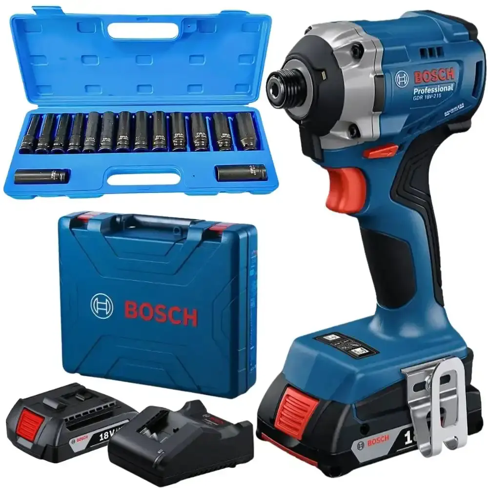 Chave impacto 18V 1/4 POL com 2 baterias 18V maleta Bosch e jogo soquetes 15 pçs evald — fotografia de referência