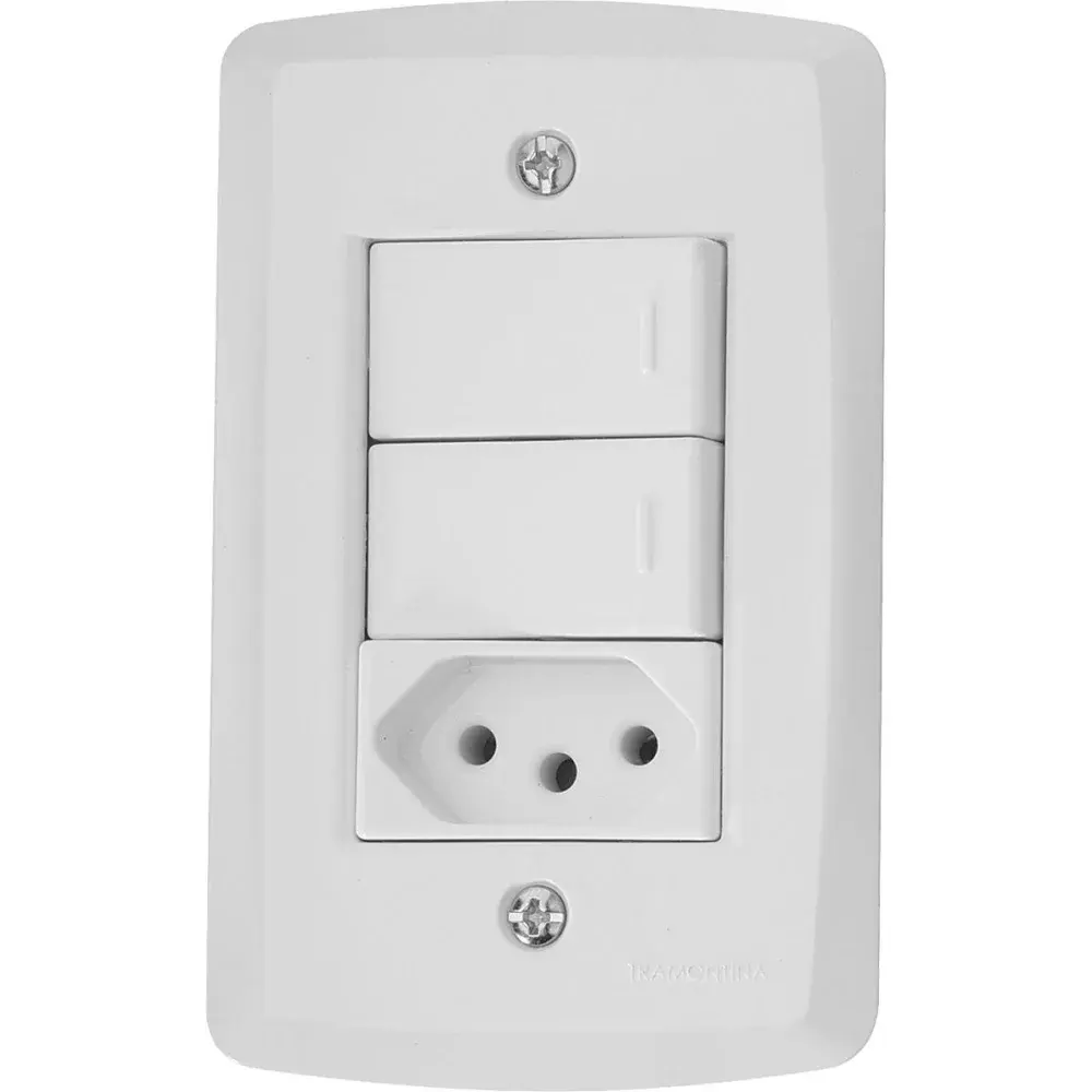 Conjunto 4X2 2 interruptores 10 a 250 v 1 tomada 2P+T Tramontina — fotografia de referência
