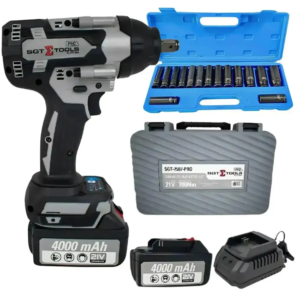 Chave de impacto 700NM com 2 baterias 21V maleta Sigma e jogo soquetes 15 pçs evald
