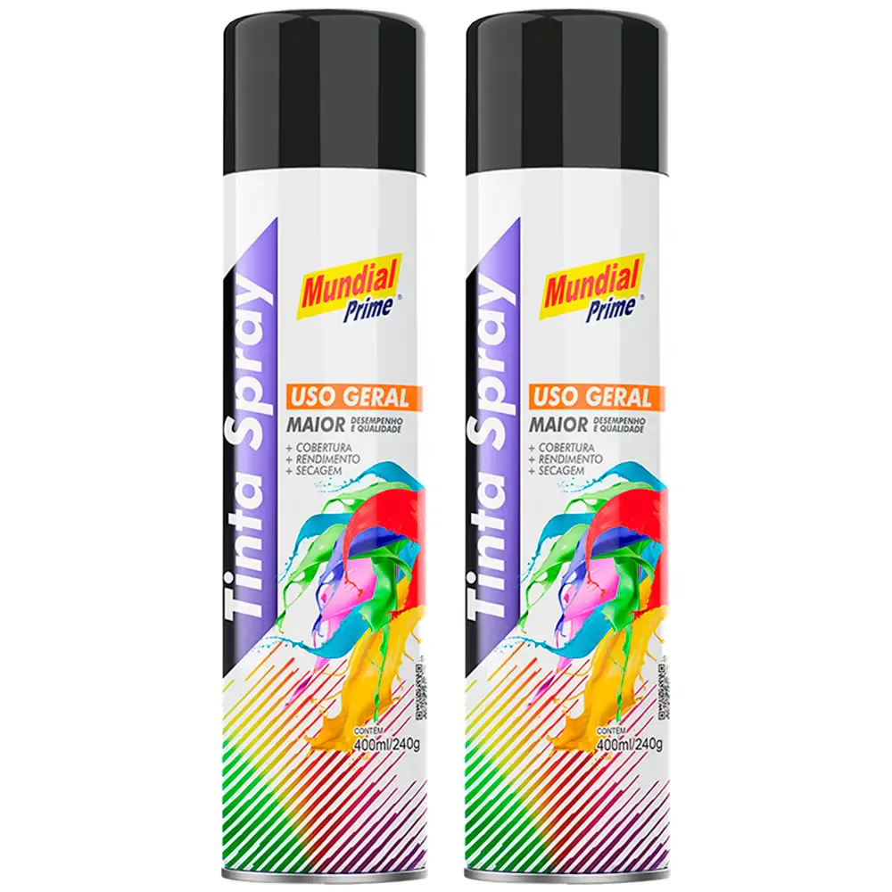 Tinta Spray 400 ml Preto Fosco com 02 Uni MUNDIAL PRIME