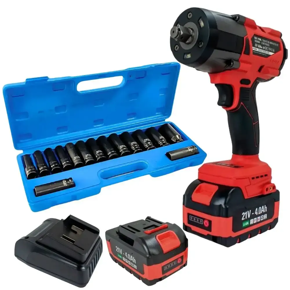 Chave impacto 1/2 POL 2 baterias 21V 820NM Sigma e kit soquetes 15 pçs evald