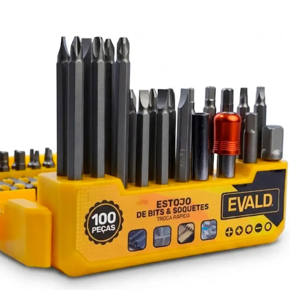 Estojo de bits e soquetes kit 100 peças com adaptadores e suporte magnético Evald — fotografia 4