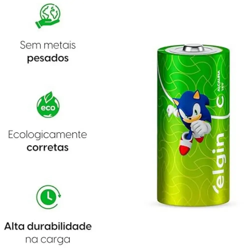Pilha alcalina média tipo c 1,5V LR20 com 2 unidades Elgin — fotografia 5