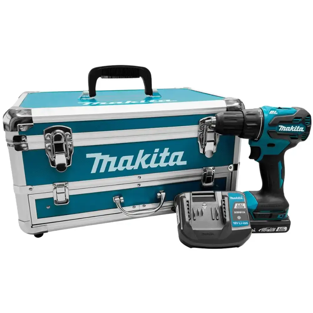 Parafusadeira furadeira impacto bateria 18V com carregador e maleta 96PÇS DHP490WVX3 Makita — fotografia de referência