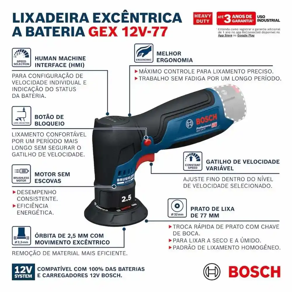 Lixadeira roto orbital a bateria 12V 3 POL sem bateria e carregador GEX 12V-77 Bosch — fotografia 2