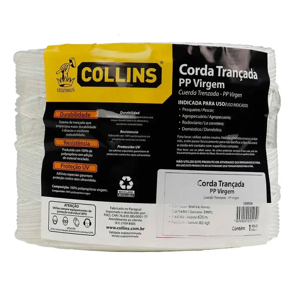 Corda trançada em polipropileno 4MM branca 360M carretel Collins — fotografia 3