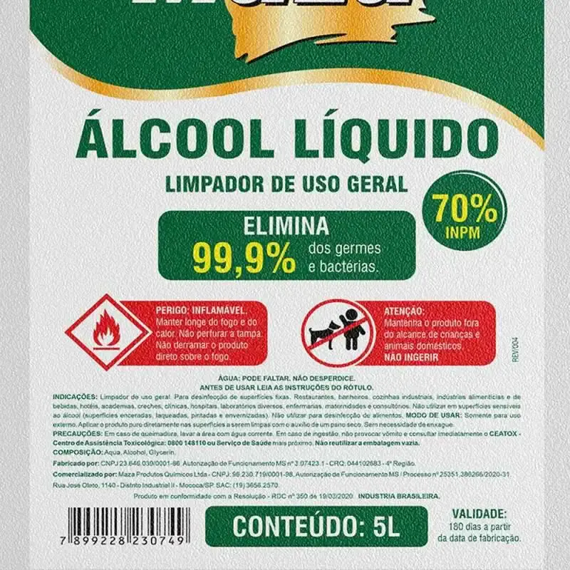 Álcool líquido 70% 5 litros higienizador antisséptico limpador de ambientes maza — fotografia 3