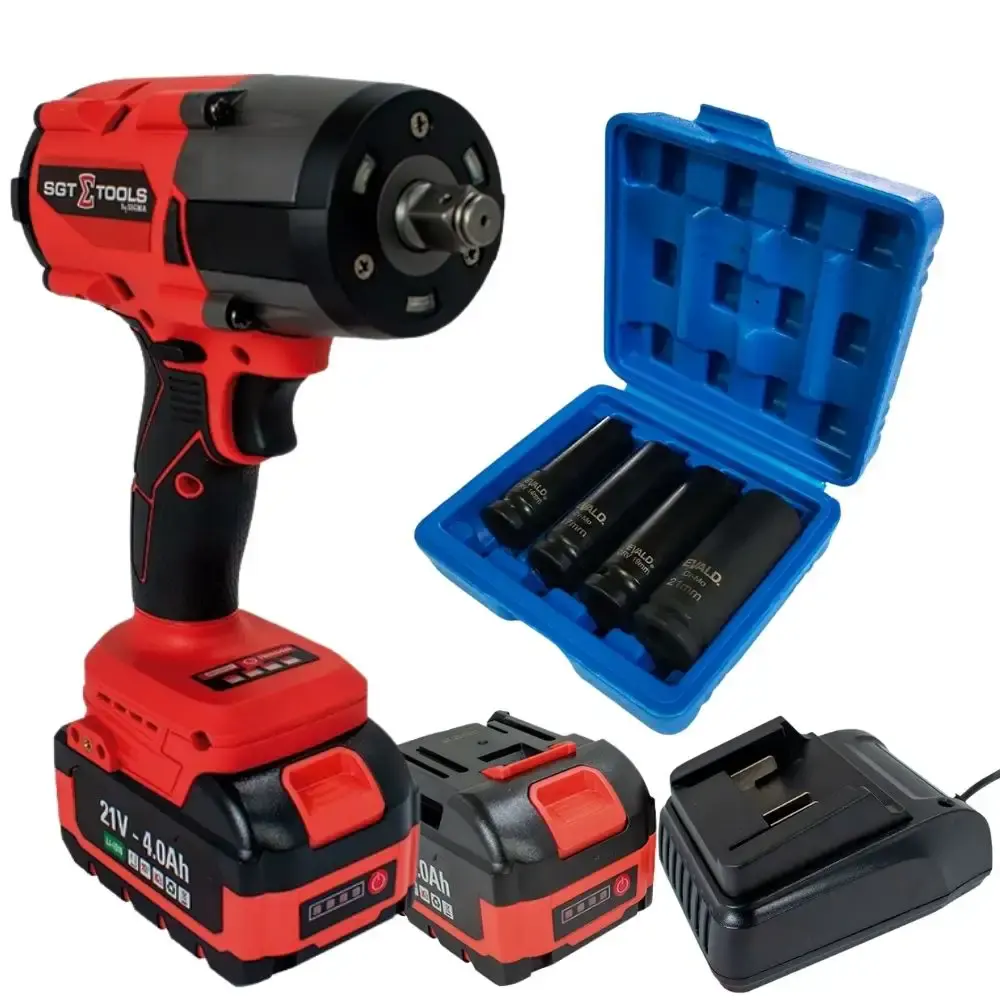 Chave de impacto 1/2 POL 21V 2 baterias carregador e maleta Sigma com kit soquetes 4 peças evald