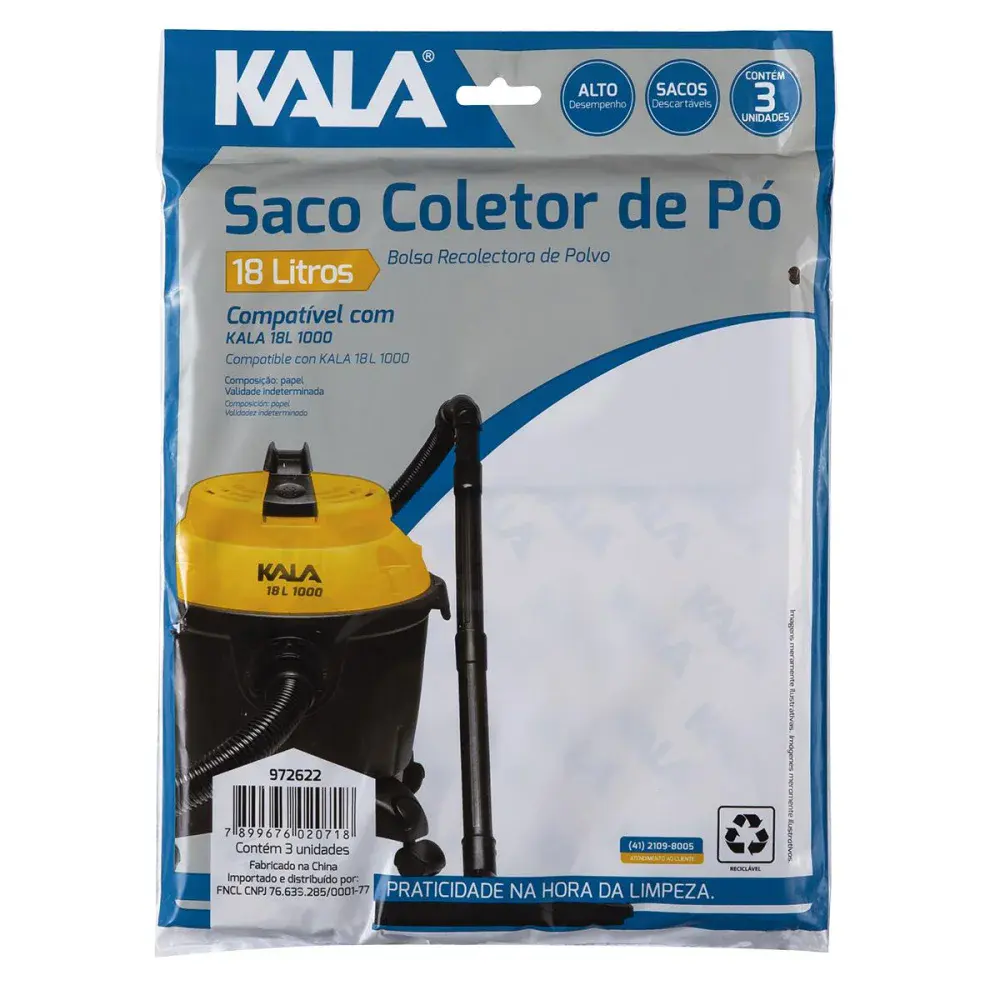 Saco coletor de pó para aspirador 18L 3 peç Kala