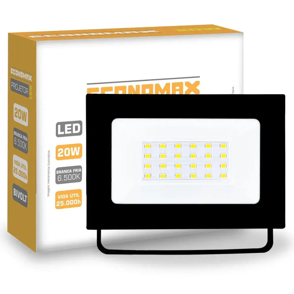 Refletor de led preto 1200LM 20W 6500K biv Economax