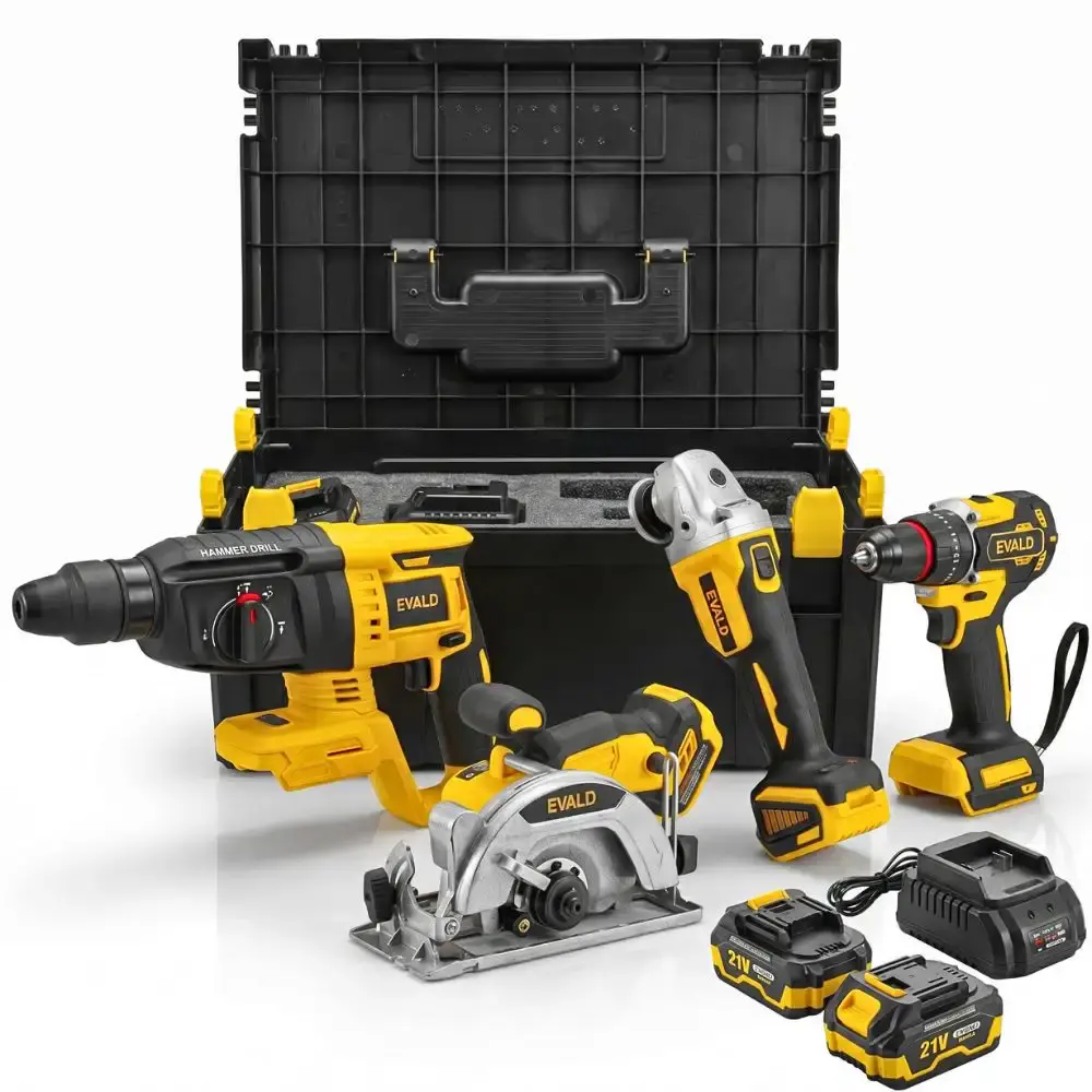 Kit Ferramentas 21V Brushless c/ Furadeira Impacto, Esmerilhadeira, Martelete e Serra Circular EVALD