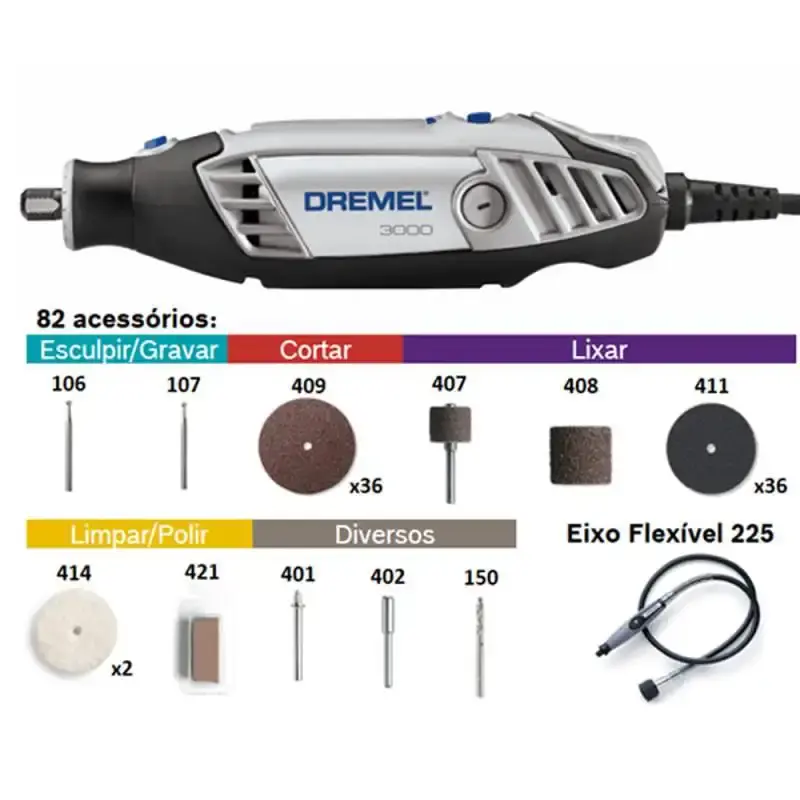 Dremel 3000 micro retífica com eixo flexível e 82 acessórios Dremel 110 V — fotografia 4
