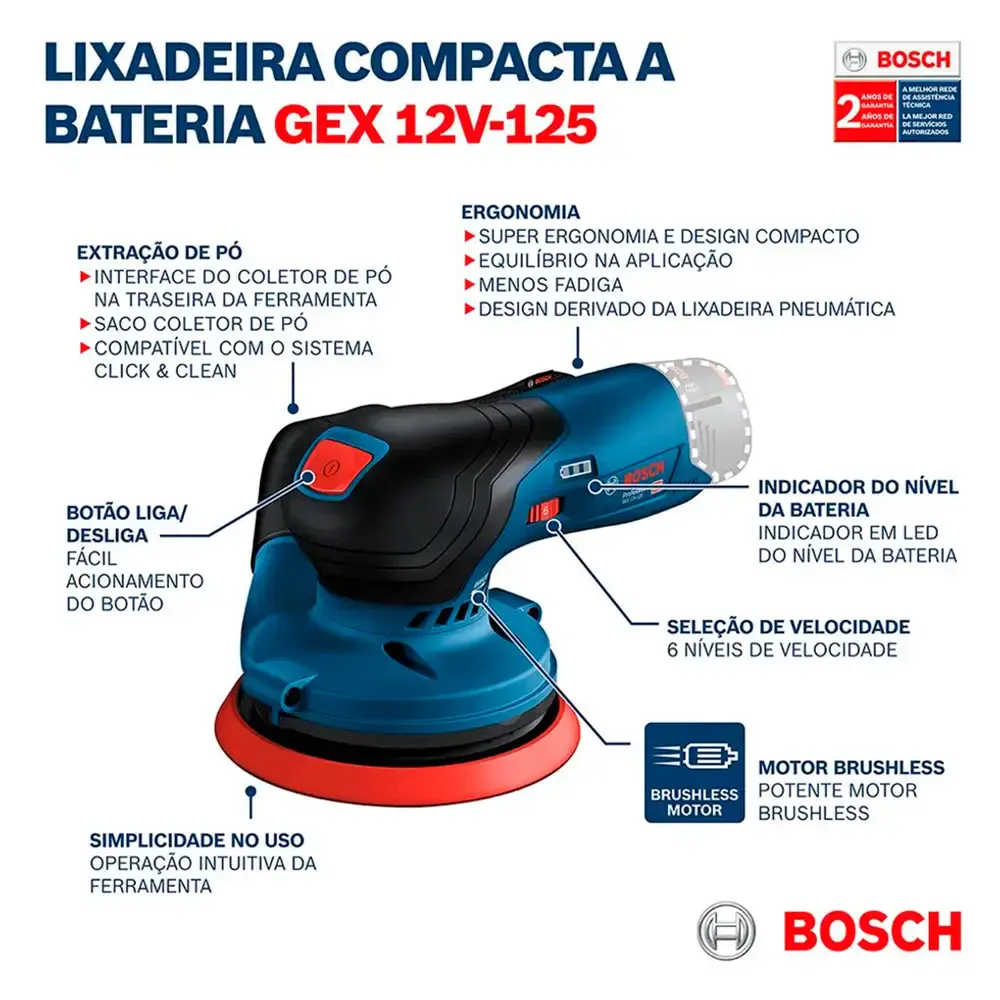 Lixadeira roto orbital 5 POL à bateria 12V brushless sem bateria e sem carregador GEX 12V-125 Bosch — fotografia 7