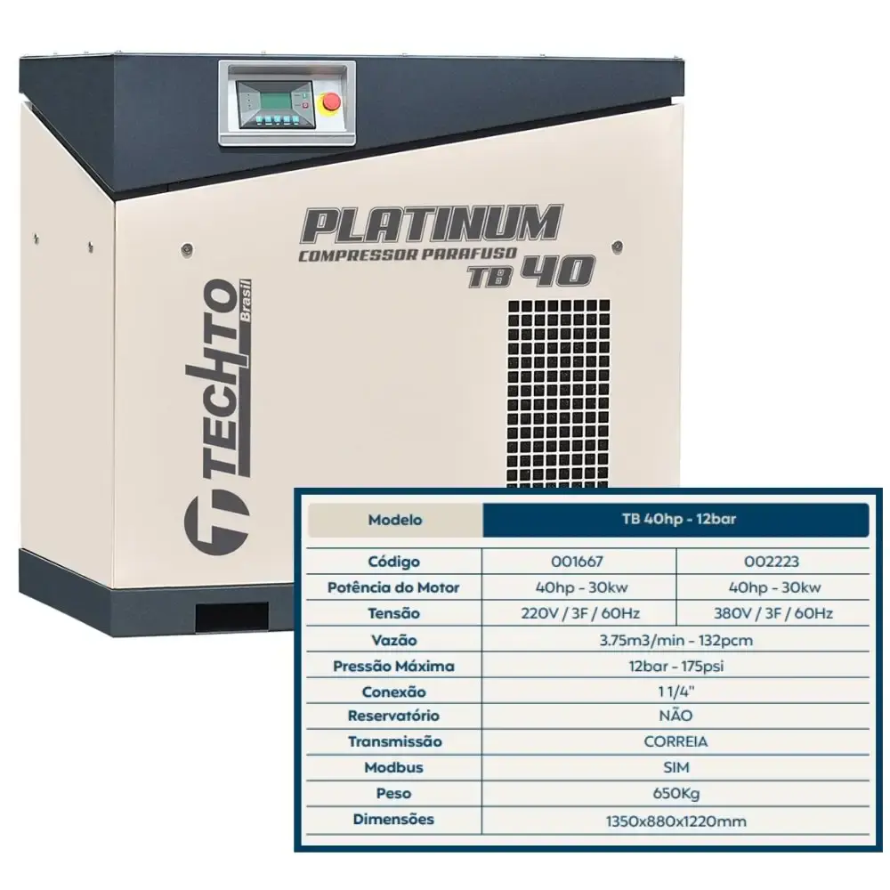 Compressor de parafuso platinum 40HP 12BAR 220V TB40 techto — fotografia 5