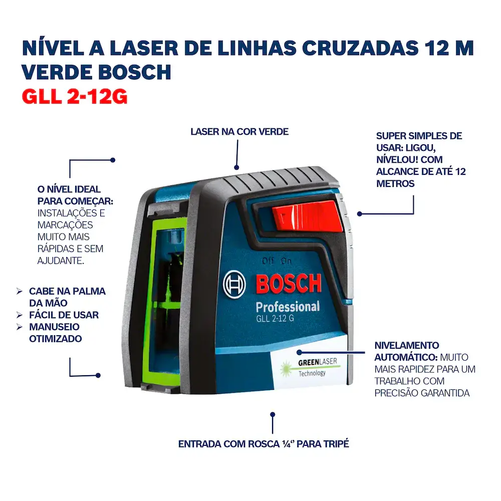Nível Laser Verde Bosch GLL 2-12 G Alcance 12 metros com Suporte — fotografia 10