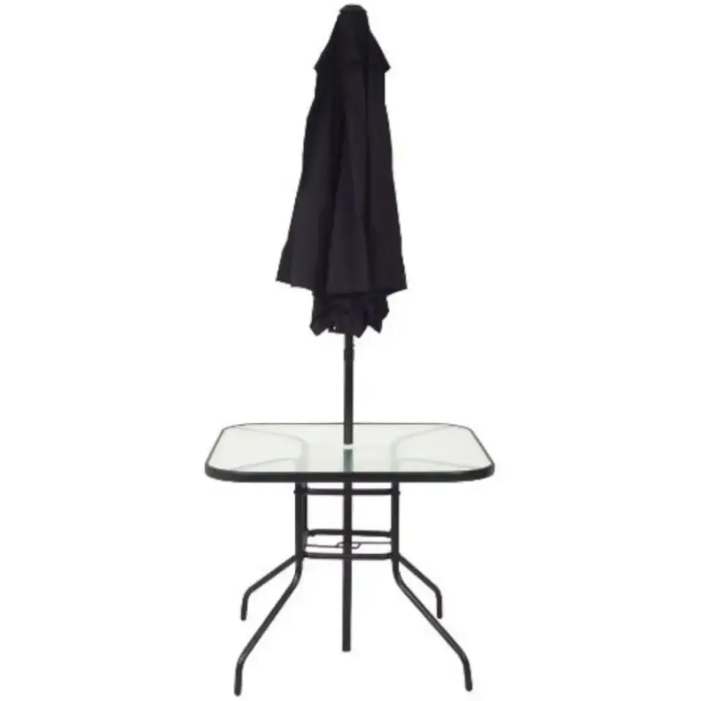 Conjunto com mesa cadeiras e guarda sol preto para jardim chicago Mor — fotografia 3