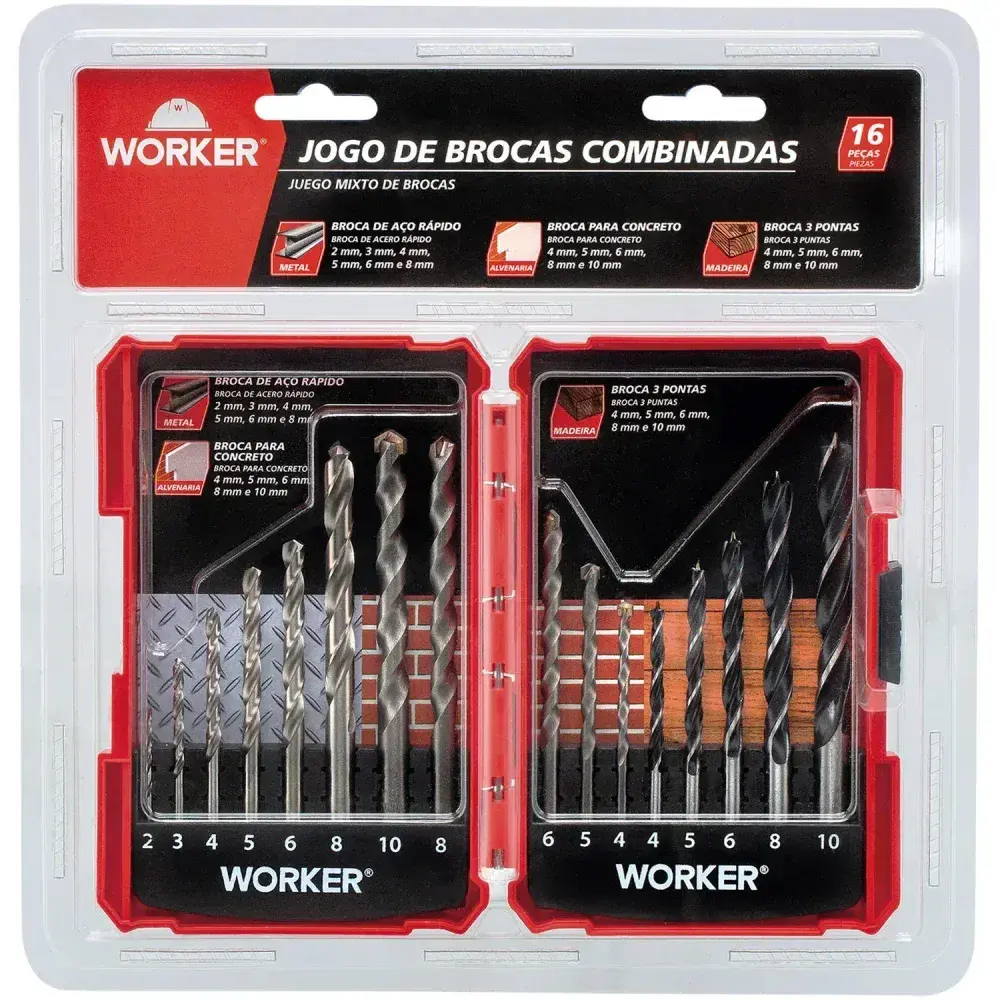 Kit de brocas combinadas para madeira e concreto 16 peç Worker — fotografia 5