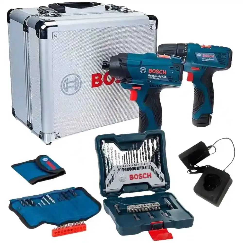 Furadeira parafusadeira 30NM e chave de impacto 100NM com maleta carregador 2 baterias 2,0 ah e kit de pontas 33 peças Bosch Bivolt
