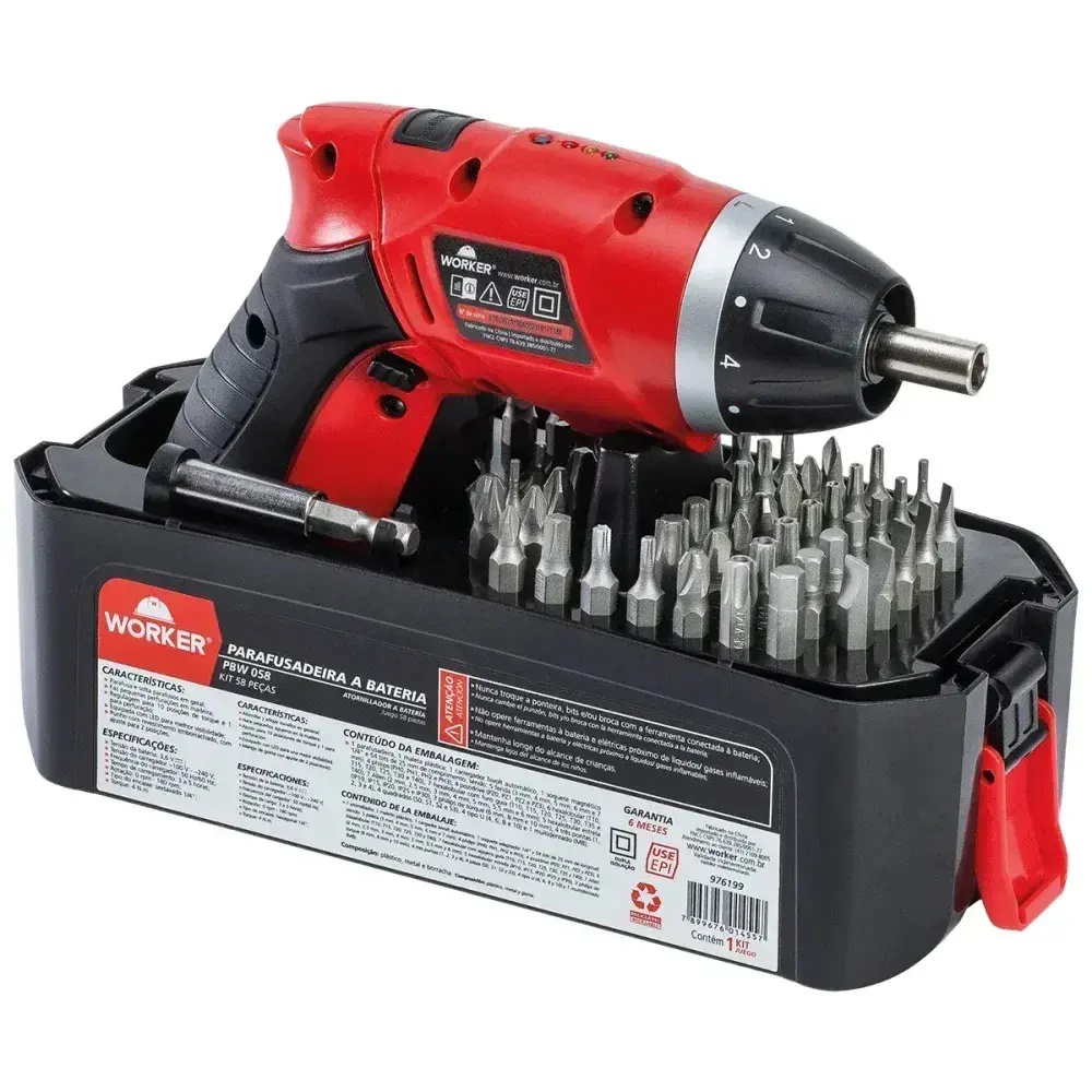 Parafusadeira furadeira a bateria 3,6V com 58 peç da Worker — fotografia 11