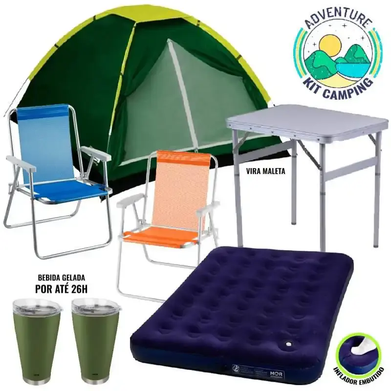 Kit camping casal 7 peças com barraca | colchão | cadeiras | copos térmicos | mesa