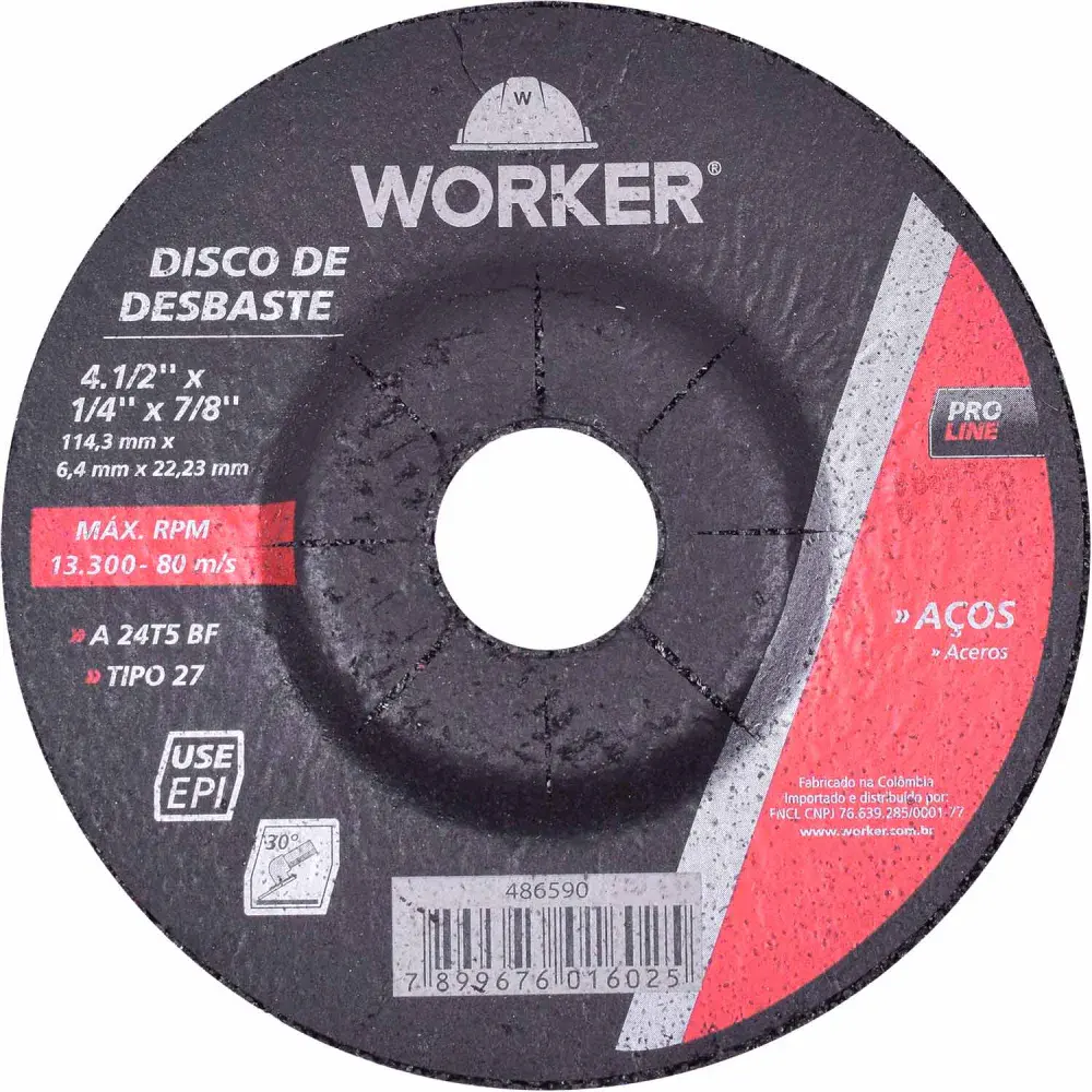 Disco desbaste aço 4.1/2 x 1/4 x 7/8 Worker — fotografia de referência