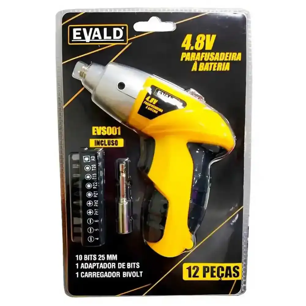 Parafusadeira à bateria 4.8V torque 3NM reversível kit 12 peças EVS001 Evald Bivolt