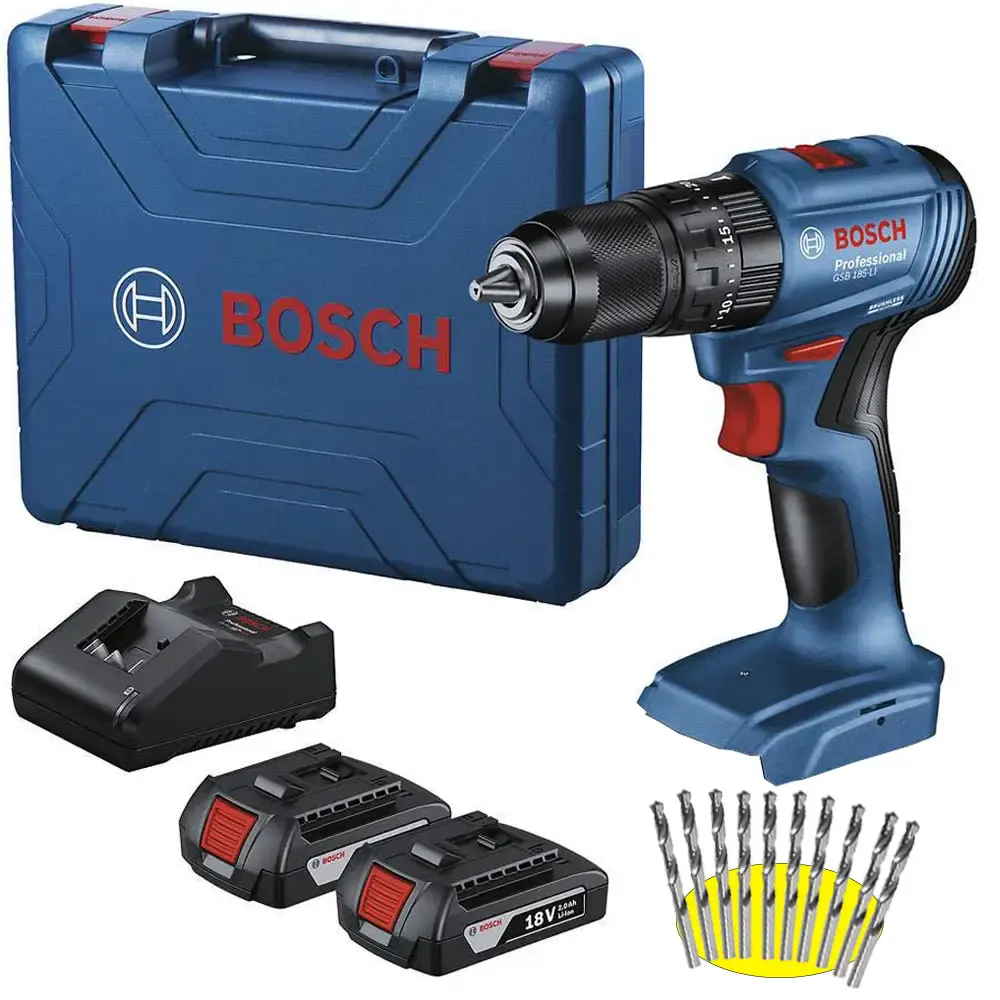 Parafusadeira furadeira impacto 18V 2 baterias GSB 185-LI Bosch + brocas Bivolt — fotografia de referência