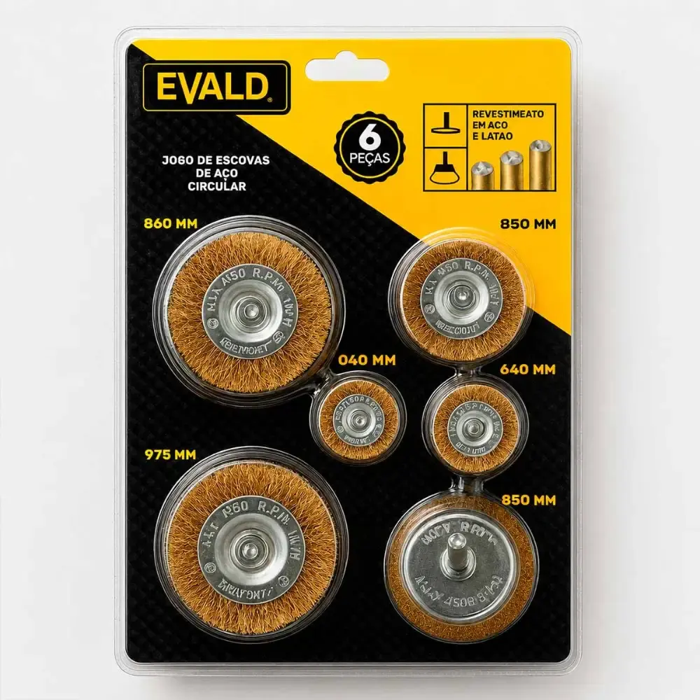 Jogo de Escovas de Aço Circular Kit 6 Peças 40-75 MM Haste 25 MM p/ Furadeira Parafusadeira EVALD — fotografia 5