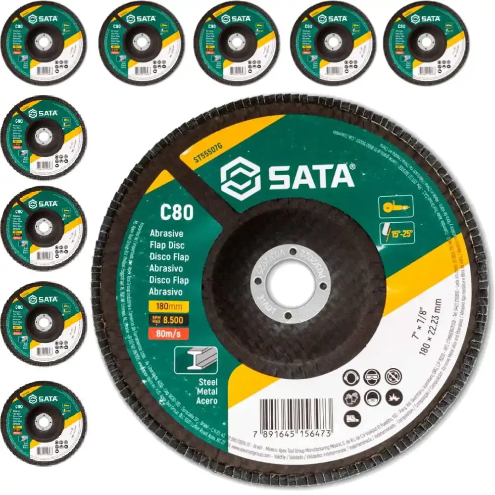 Kit 10 discos de lixa flap abrasivo metal 7 polegadas grão 80 Sata