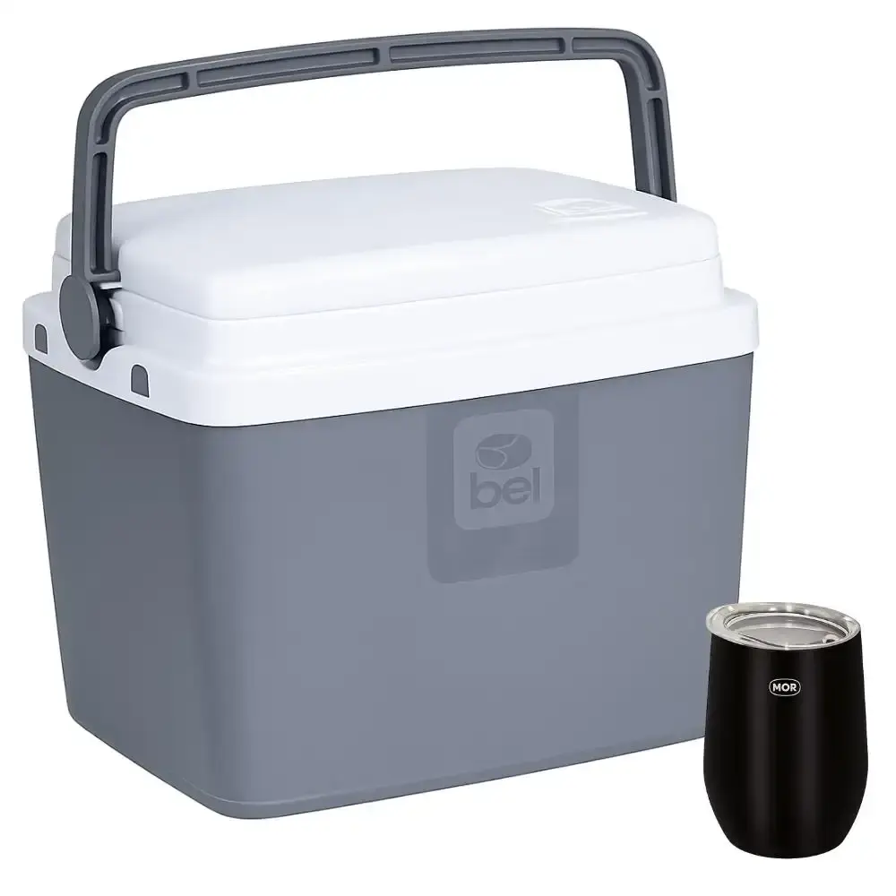 Caixa Térmica 6L Cooler Cinza BEL com Copo Térmico c Tampa 360ml Preto MOR — fotografia de referência