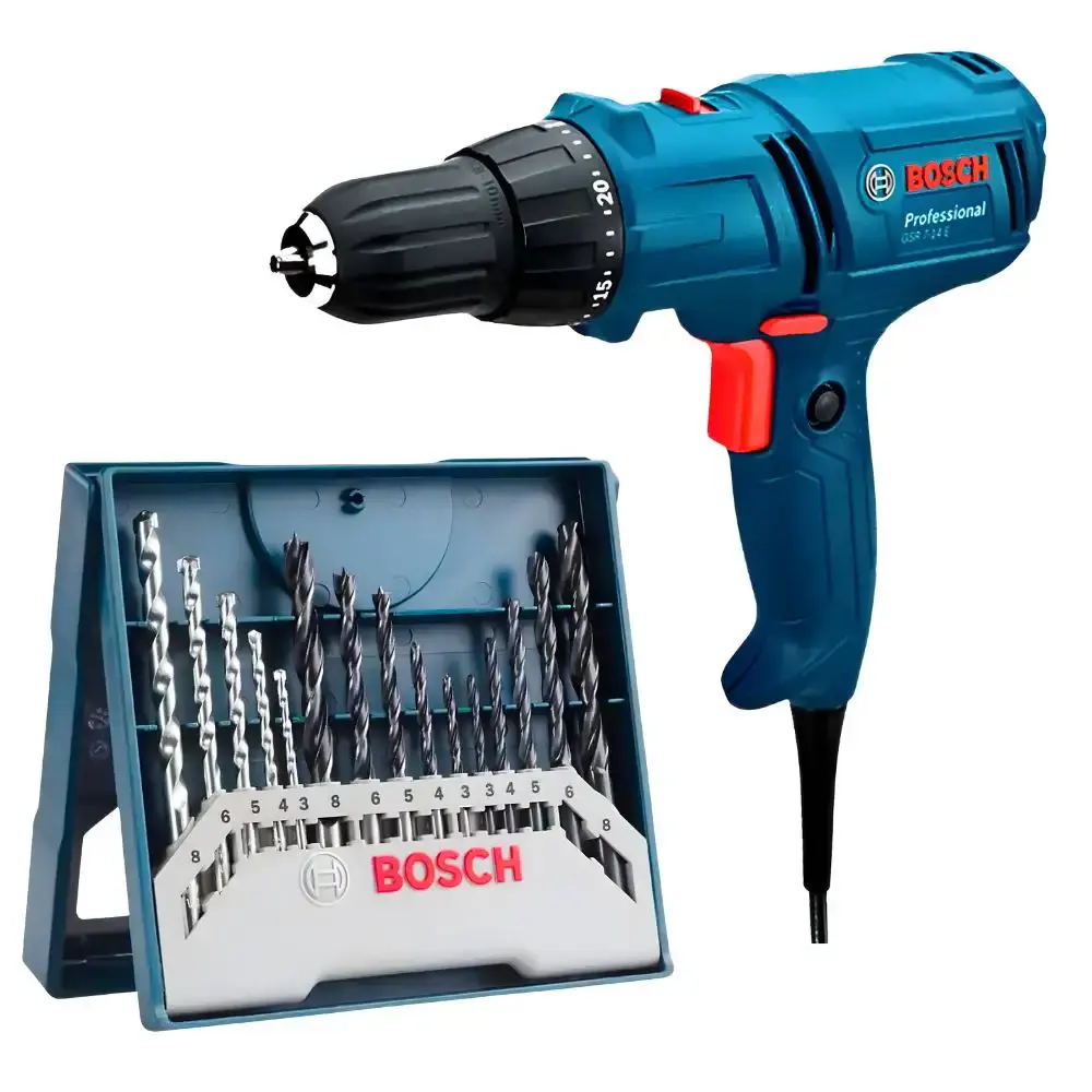Parafusadeira furadeira 400W 3/8 POL GSR 7-14E com estojo x-line titânio 15 peças Bosch 110 V — fotografia de referência