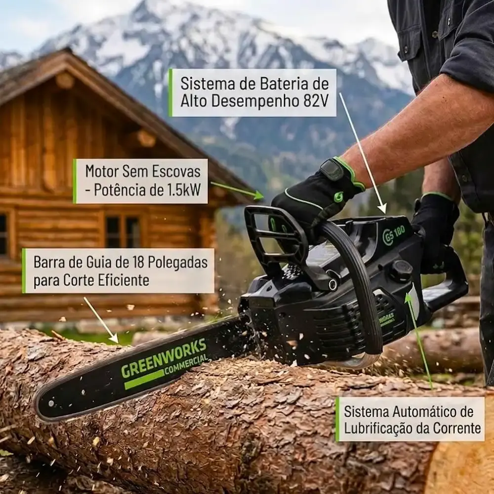 Motosserra 82V brushless sabre 18 POL + bateria 4,0AH + carregador bivolt Greenworks — fotografia 5