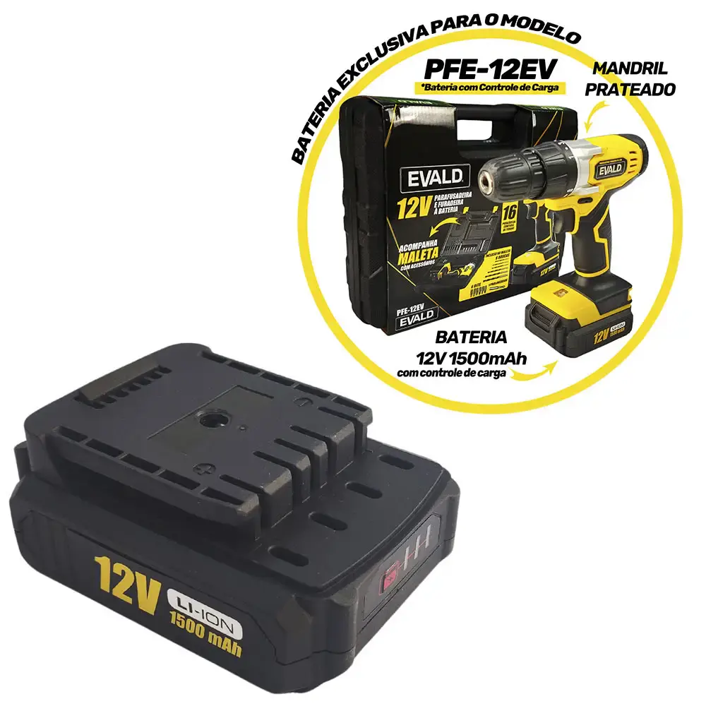 Bateria 1,5AH 12V para parafusadeira PFE-012EV nova versão Evald — fotografia 4