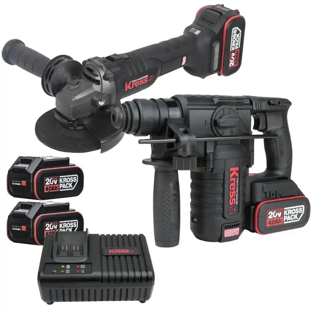 Martelete perfurador 20V brushless e esmerilhadeira angular 5 POL com 4 baterias e carregador Kress