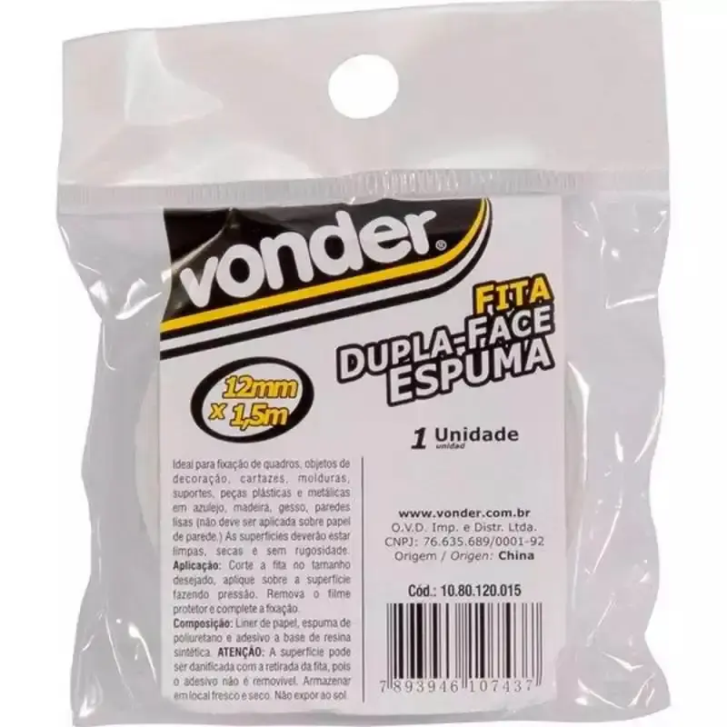 Fita Dupla Face de Espuma 12 MM x 1.5 Metros Kit 10 Unidades VONDER — fotografia 3