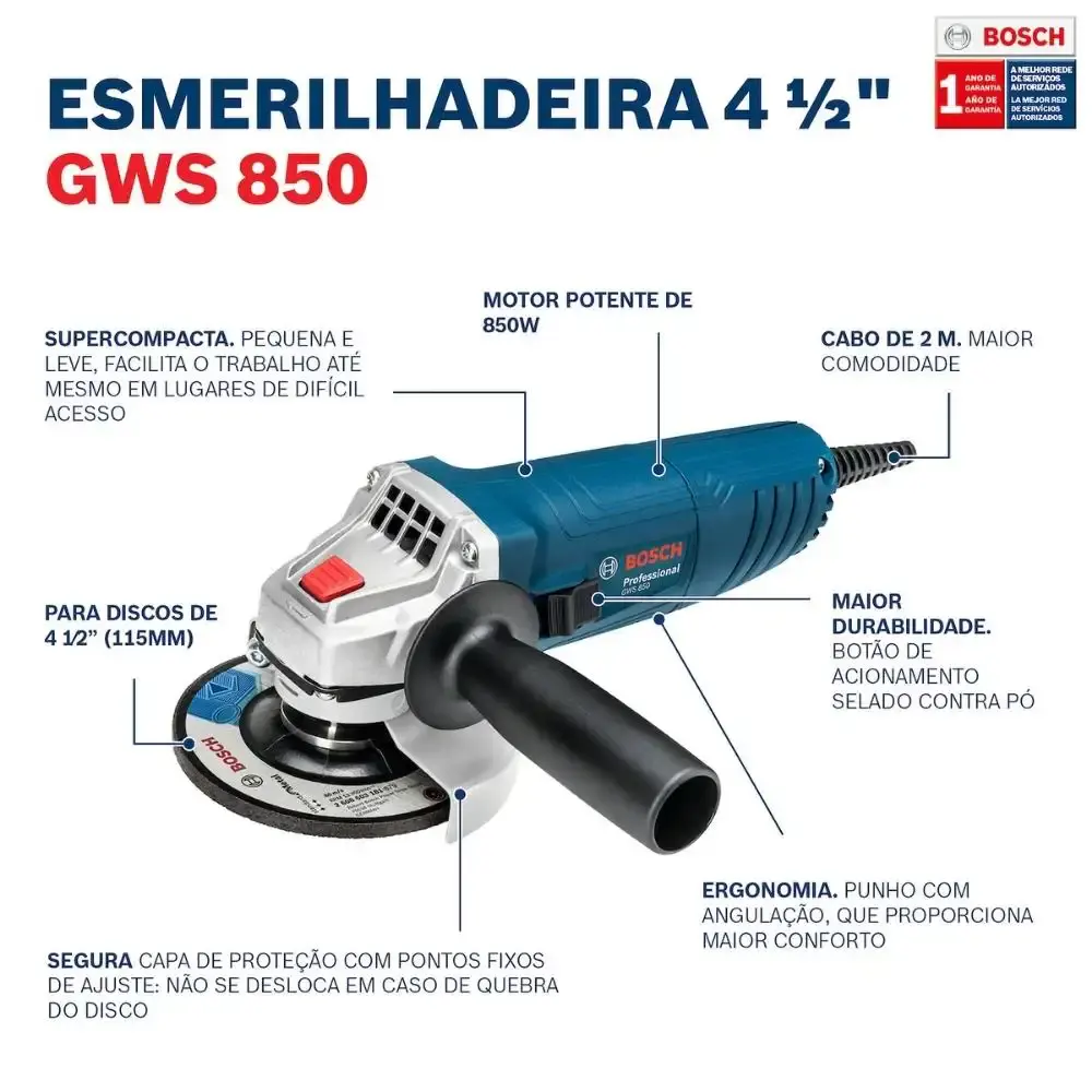 Esmerilhadeira angular 4.1/2 POL GWS850 e esmerilhadeira 7 POL GWS 2200-180 vulcano Bosch 110 V — fotografia 9