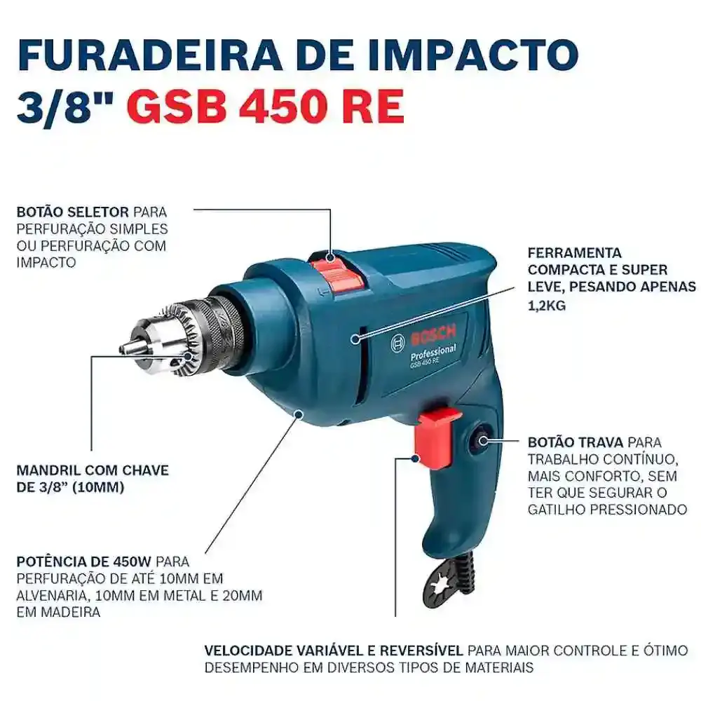 Furadeira de impacto 3/8 POL 450W GSB 450 RE Bosch 220 V — fotografia 6